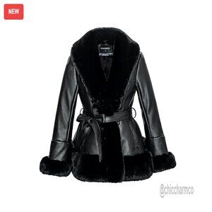Women's Faux Leather Jacket with Faux Fur Collar, Peplum Parka Coat with Belt
